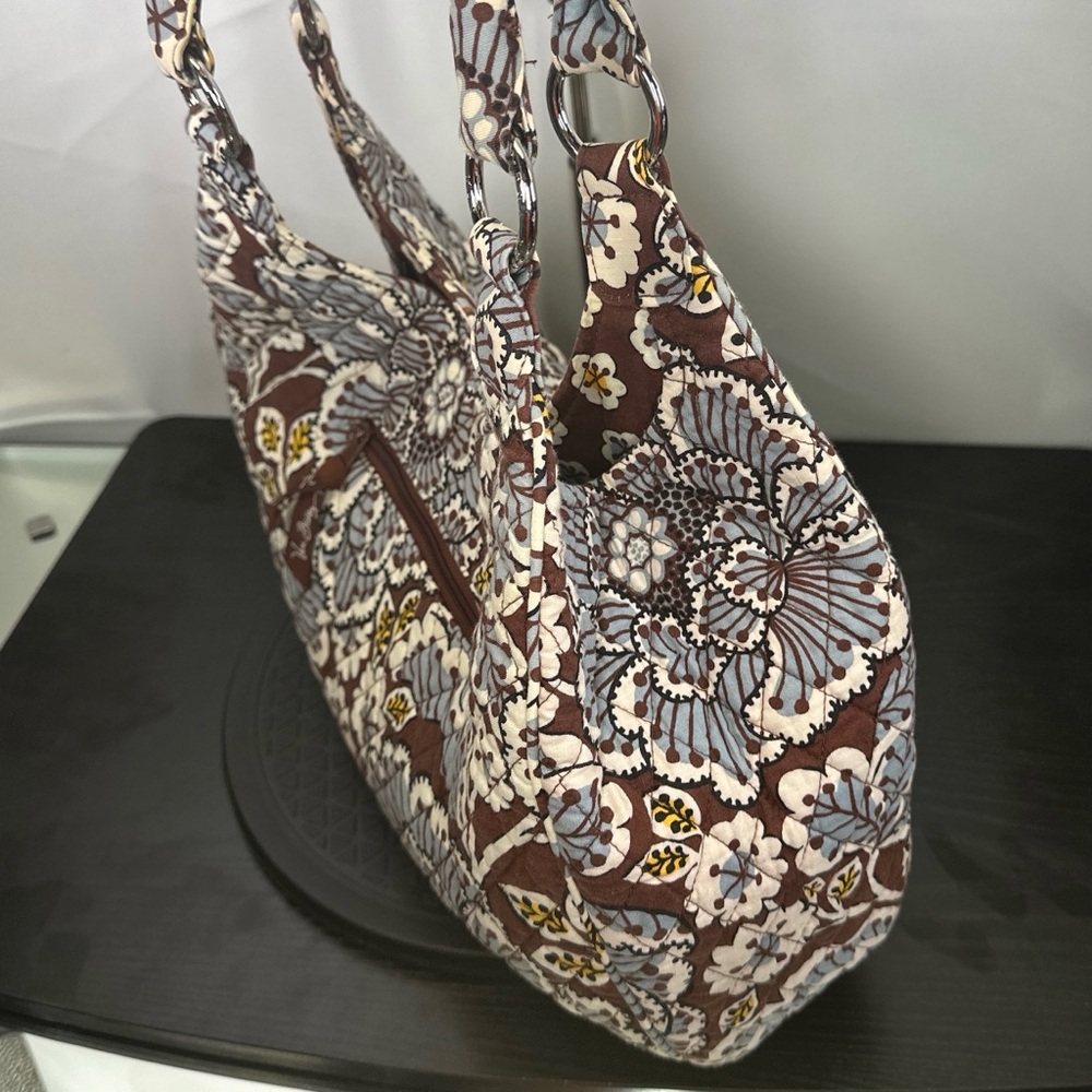 Vera Bradley Slate Blooms Large Hobo Shoulder Bag Brown White Blue Yellow Purse - Picture 4 of 13